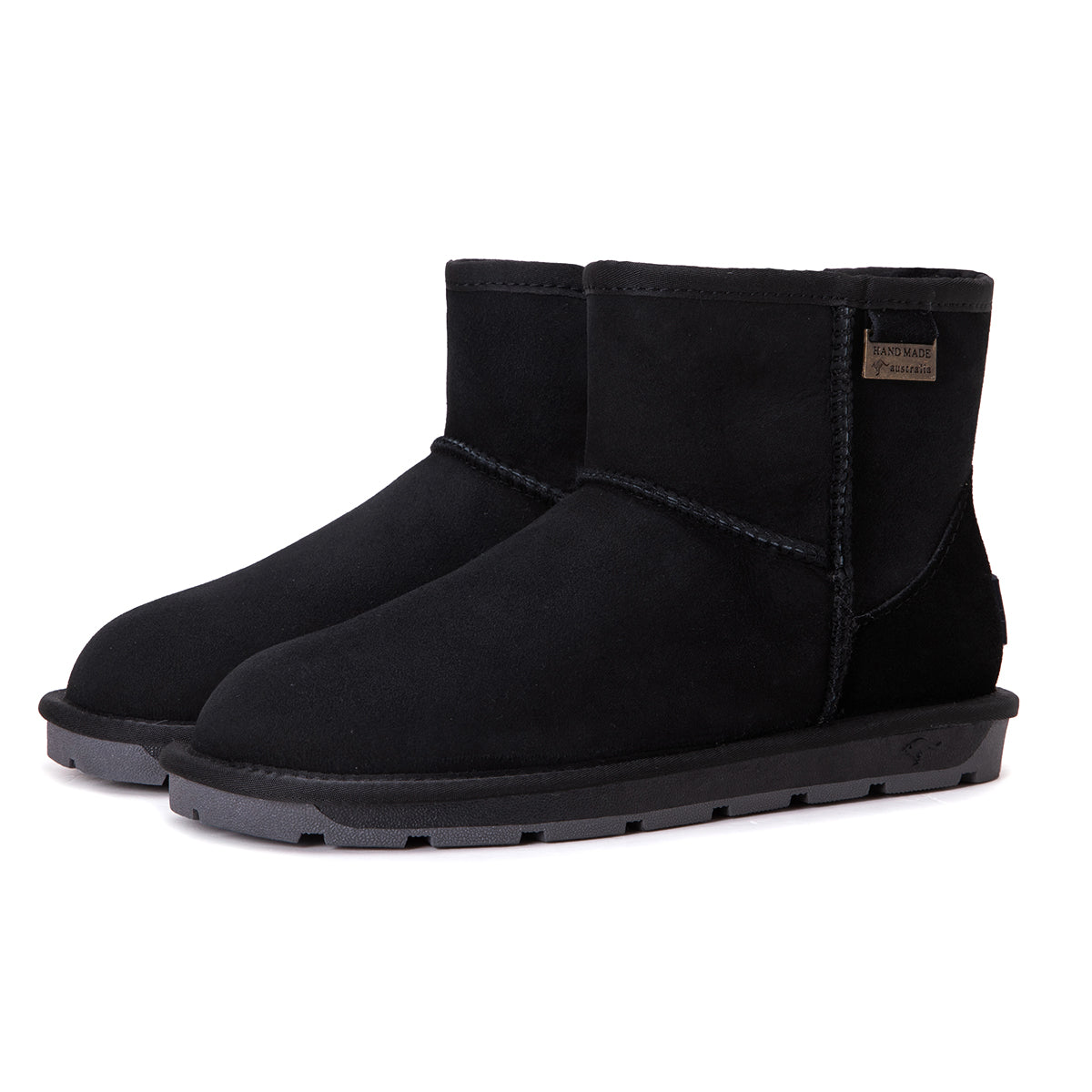Black Auzland premium mini classic Australian made UGG boots for women, showcasing soft sheepskin lining and durable suede exterior.