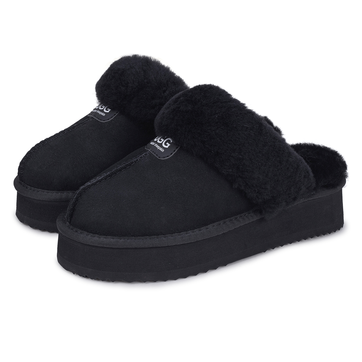 Auzland black Willow platform UGG slippers with plush lining and thick soles, designed for comfort and casual wear.