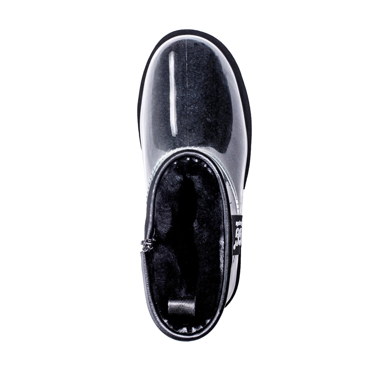 Black UGG Zipper Clear Mini Rain Boots by Auzland, featuring a sleek transparent design and black accents with zipper detail.