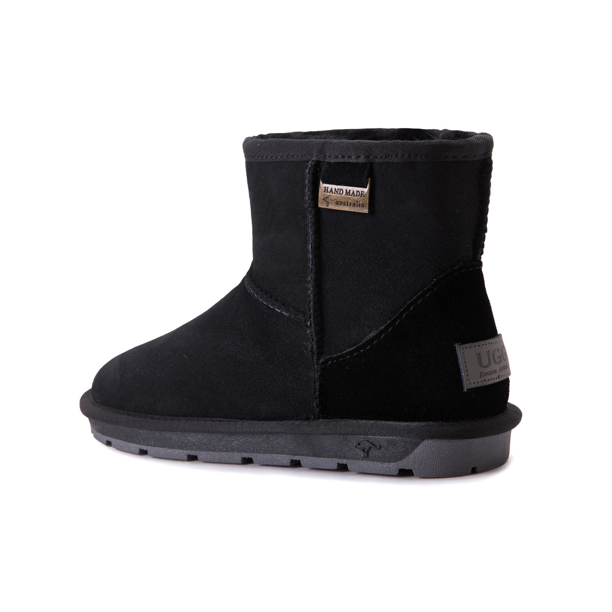 Black Auzland premium mini classic Australian-made UGG boots for women, showcasing cosy sheepskin lining and durable suede exterior.