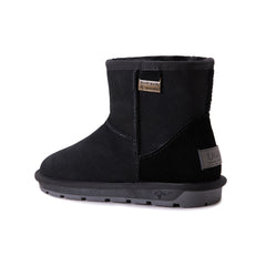 Black Auzland premium mini classic Australian-made UGG boots for women, showcasing cosy sheepskin lining and durable suede exterior.