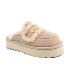 Auzland UGG shearling platform slippers in bronze with plush shearling lining and sturdy sole, designed for women's comfort and style.