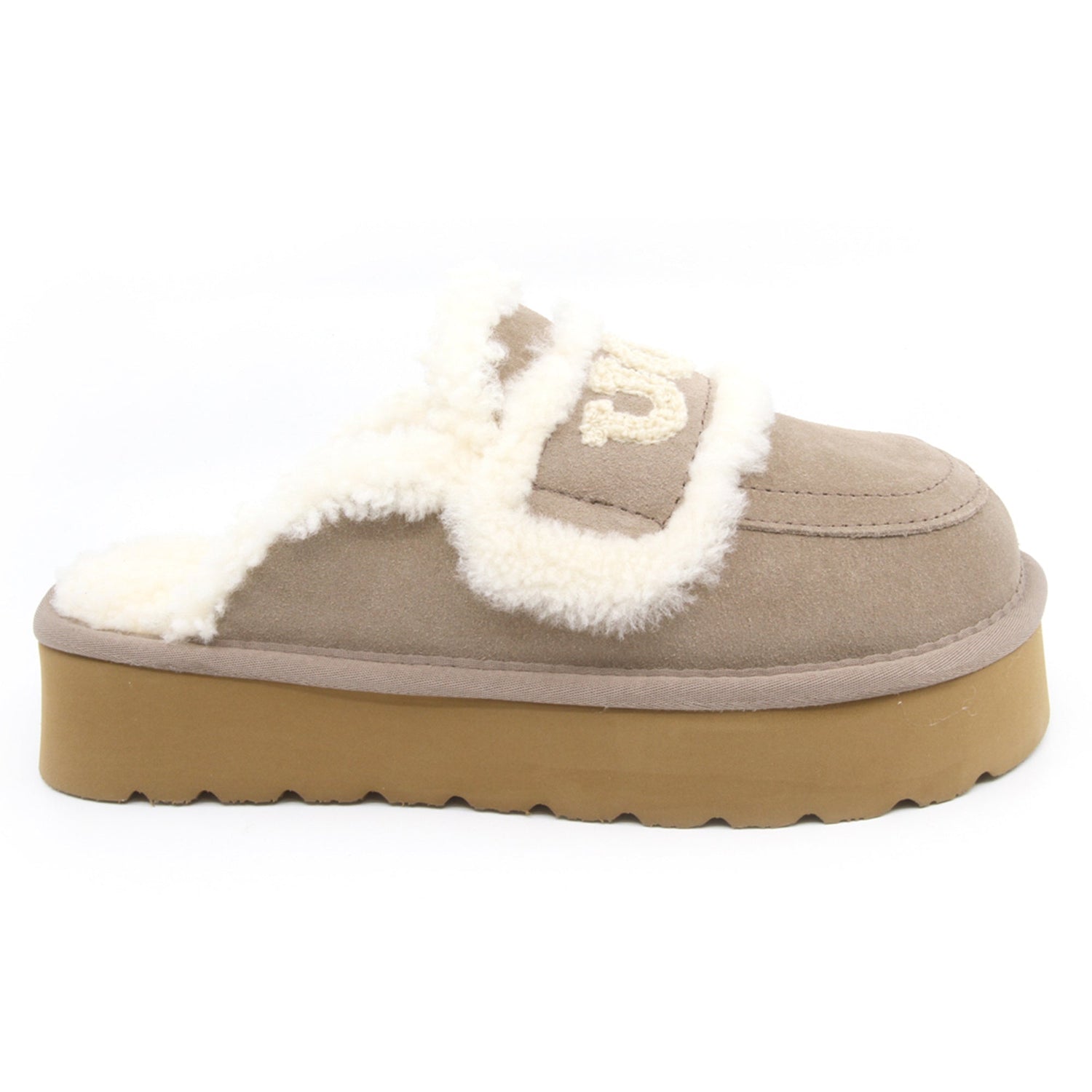 Auzland UGG shearling platform slippers in brown with plush lining and thick sole, designed for comfortable women's indoor wear.