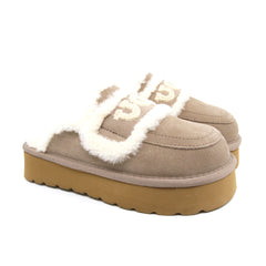 Auzland brown shearling platform slippers for women, UGG style shoes with plush interior and thick sole.
