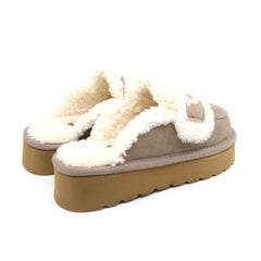 Auzland UGG shearling platform slippers in brown with plush shearling lining and thick sole, designed for women.