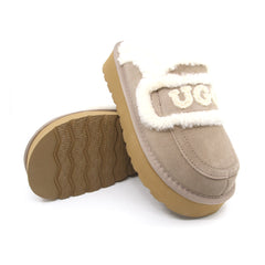 Auzland UGG shearling platform slippers in brown with plush shearling lining and thick sole, women's cosy slip-on footwear.
