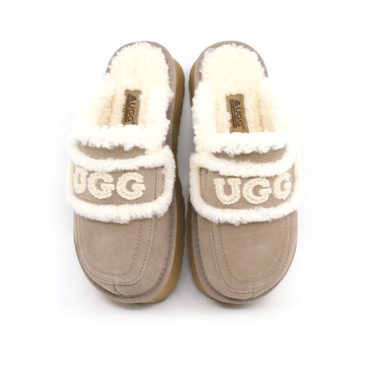 Auzland UGG shearling platform slippers in brown with plush shearling lining and slip-on design, perfect for cosy indoor wear.