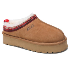 Auzland UGG Merino Tassy Platform Slippers with plush lining and textured platform sole, showcasing a cosy, slip-on design.