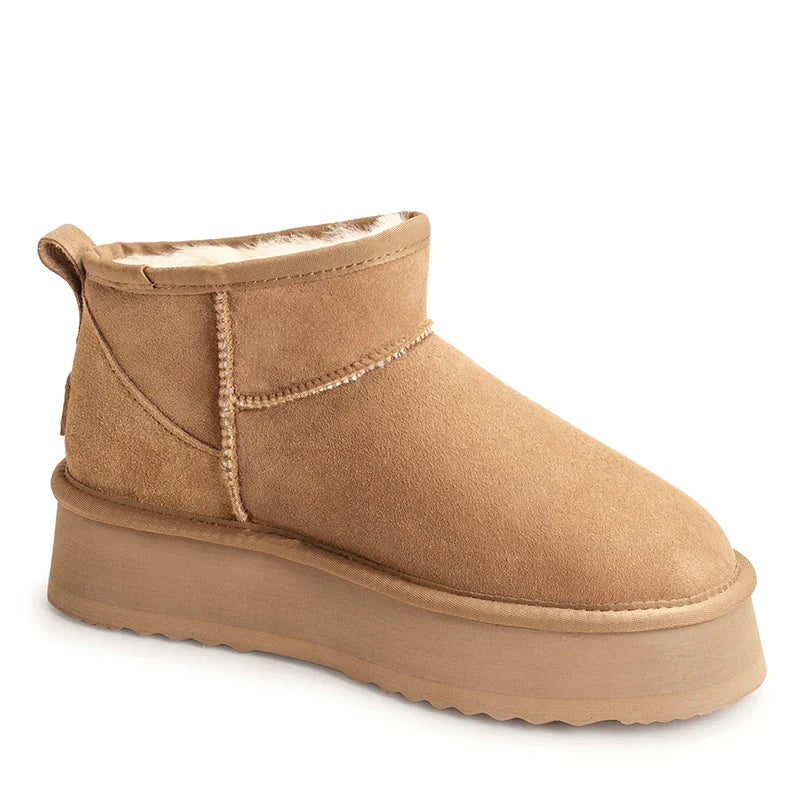 Auzland Ultra Mini Platform UGG Boots in beige with quilted shaft and flat sole, stylish winter footwear for women.