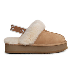 Auzland platform strap UGG slippers with chest-strap design featuring soft, cosy materials and casual slip-on style.