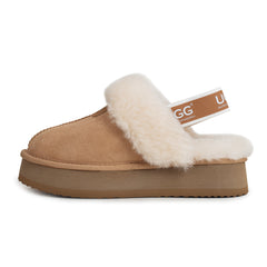 Auzland platform strap UGG slippers with chest strap design, soft sole, and cosy interior for comfortable indoor wear.