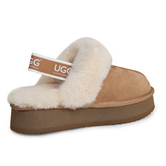 Auzland UGG slippers with platform soles and chest strap detail, featuring soft plush material and casual slip-on design.