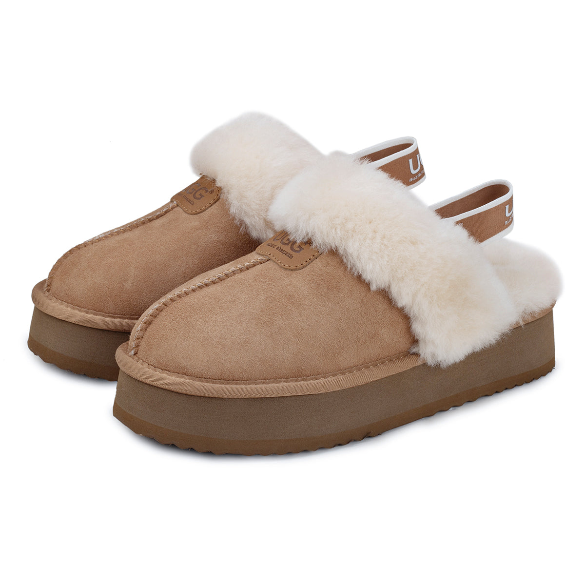 Auzland platform strap UGG slippers featuring a cosy design with a chest strap and plush material for comfort and style.