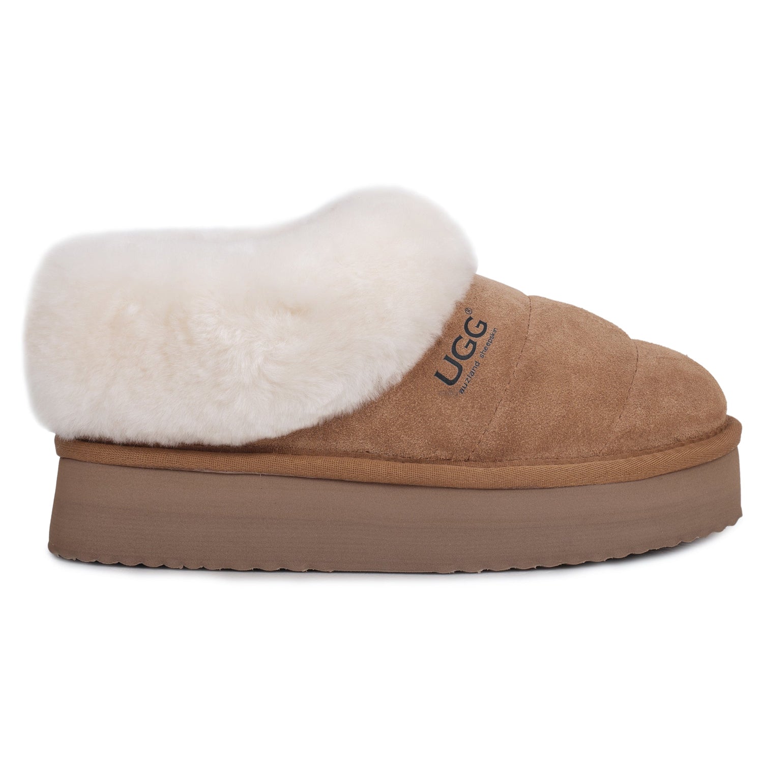 Auzland UGG platform ankle puffer slippers for women with plush, quilted design and thick sole, cosy indoor footwear.