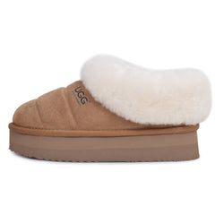 Auzland UGG platform ankle puffer slippers for women with plush, quilted design and chunky sole, ideal for cosy indoor wear.