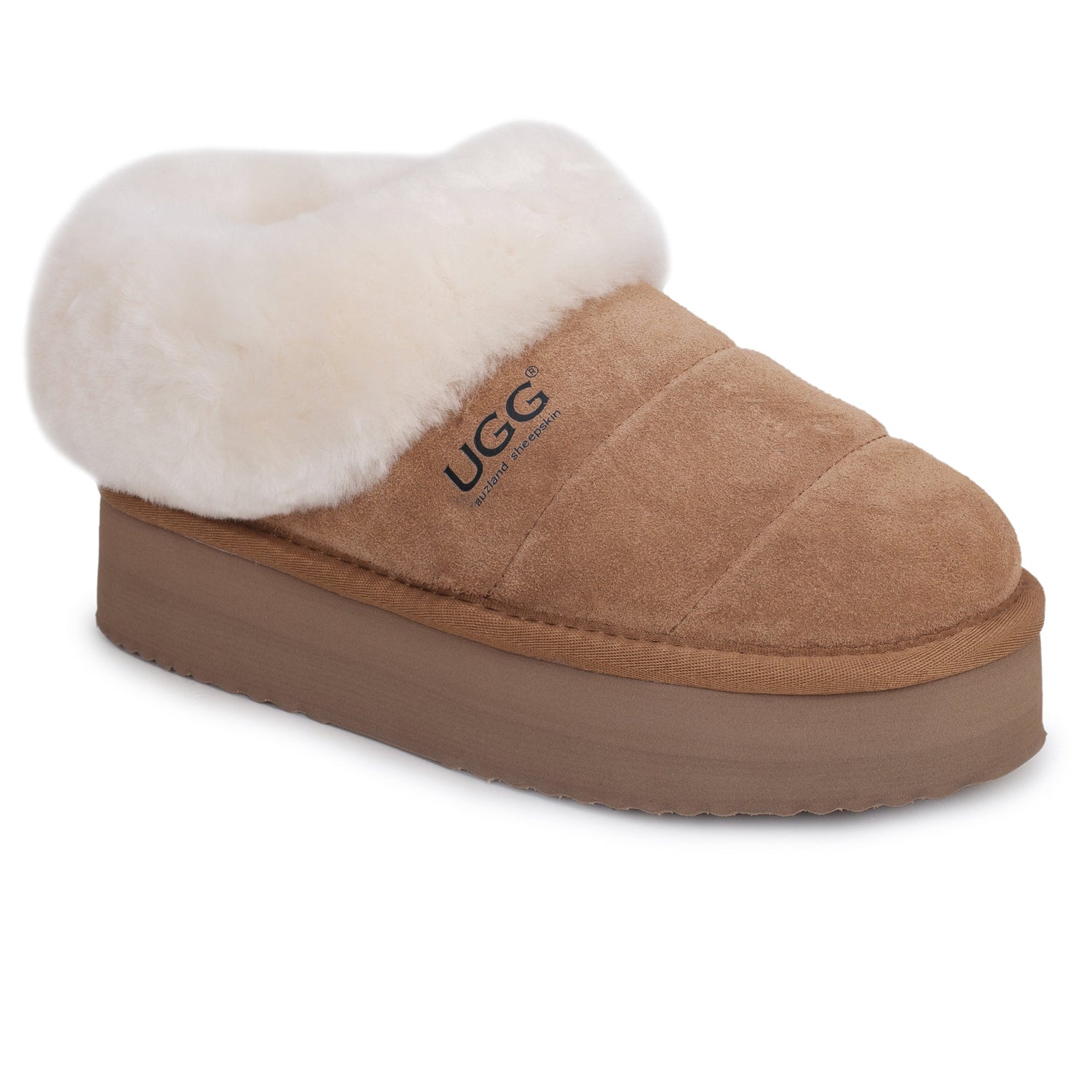Auzland UGG platform ankle puffer slippers for women with quilted design, cosy faux fur lining, and chunky rubber sole.