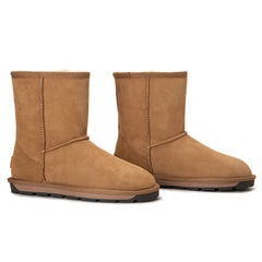 A pair of premium short Australian-made UGG boots by Auzland, classic style, featuring soft suede exterior and cosy shearling lining.