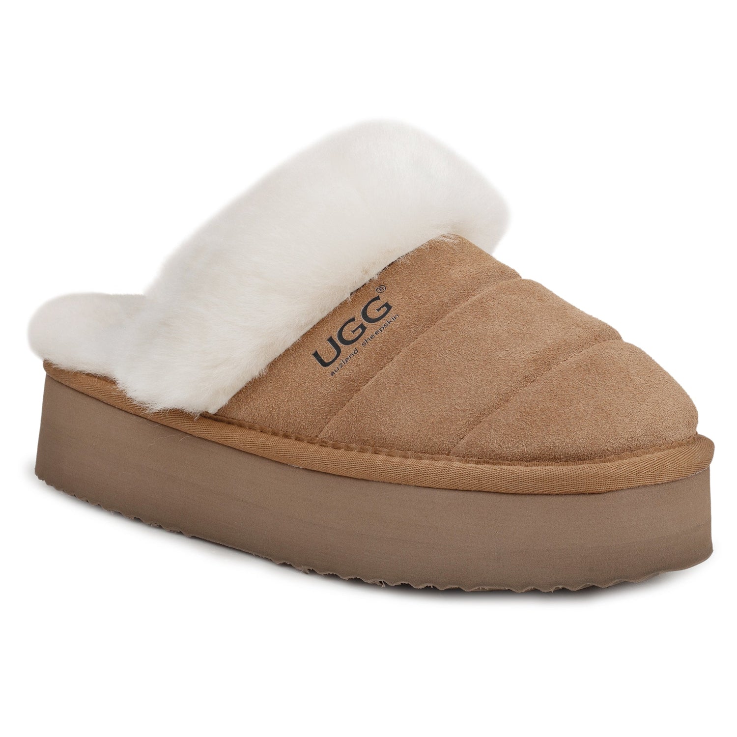 Auzland UGG Platform 3-in-1 puffer slippers with straps and scuff detail, designed for women, showcasing the cosy, stylish footwear.
