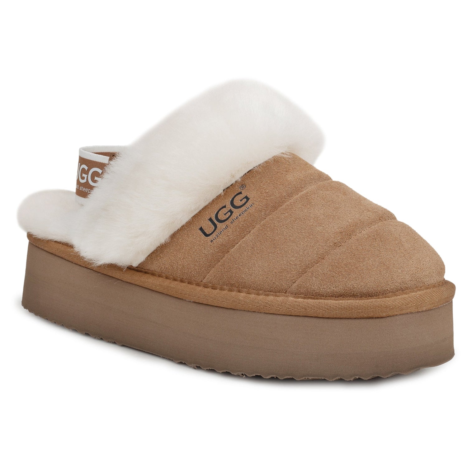 Auzland UGG Platform 3-in-1 Puffer Scuff Slippers with strap design and cushioned soles for women.
