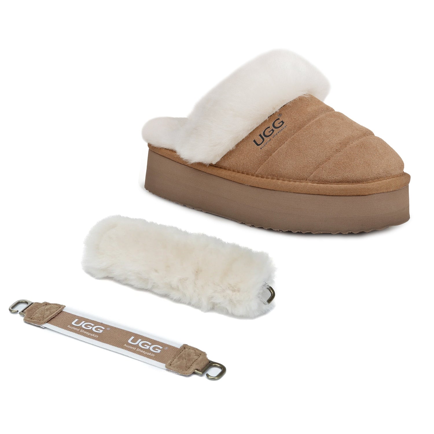 Auzland UGG Platform 3-in-1 puffer slippers with straps and scuff design, women's casual slip-on shoes with plush exterior.