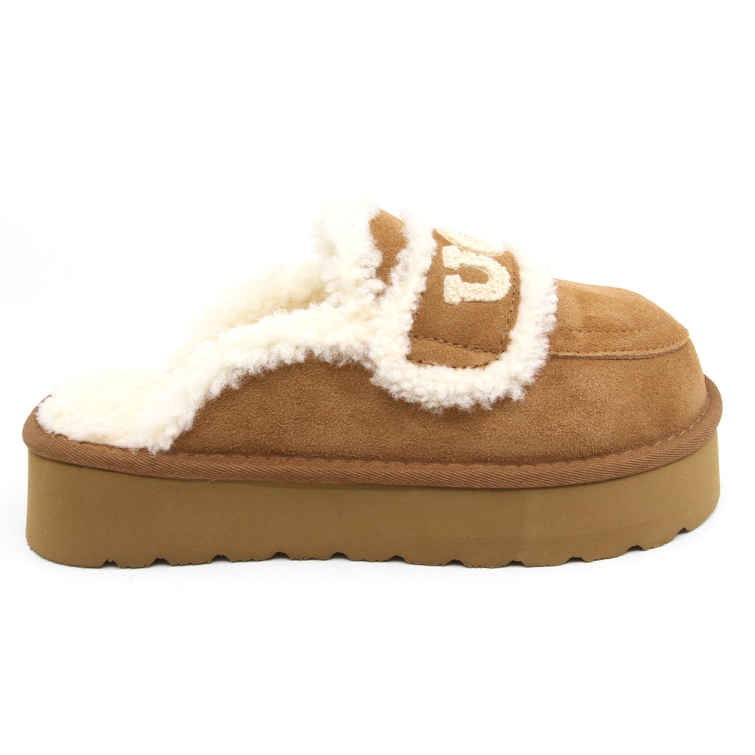 Auzland UGG shearling platform slippers in chestnut color with plush shearling lining and thick platform sole.
