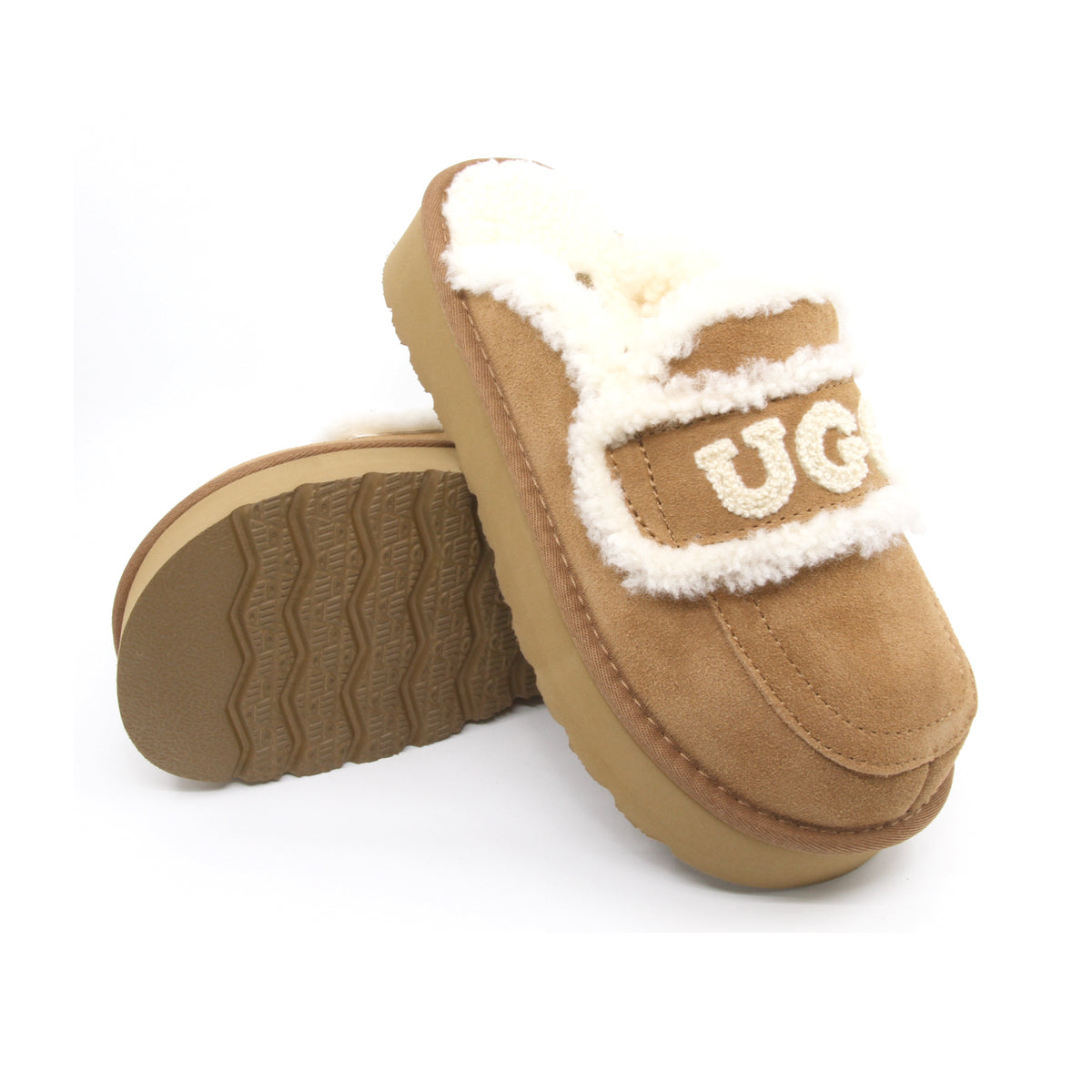 Auzland UGG shearling platform slippers in chestnut, cosy slip-on shoes for women with plush shearling lining and sturdy platform sole.