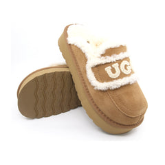 Auzland UGG shearling platform slippers in chestnut, cosy slip-on shoes for women with plush shearling lining and sturdy platform sole.
