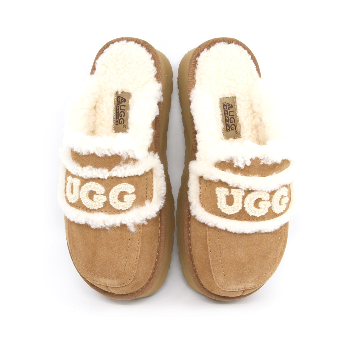 Auzland UGG shearling platform slippers in chestnut, featuring soft shearling lining and sturdy sole for women’s comfort and style.
