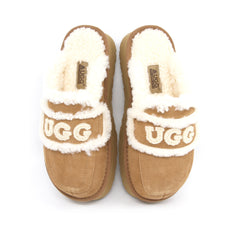 Auzland UGG shearling platform slippers in chestnut, featuring soft shearling lining and sturdy sole for women’s comfort and style.