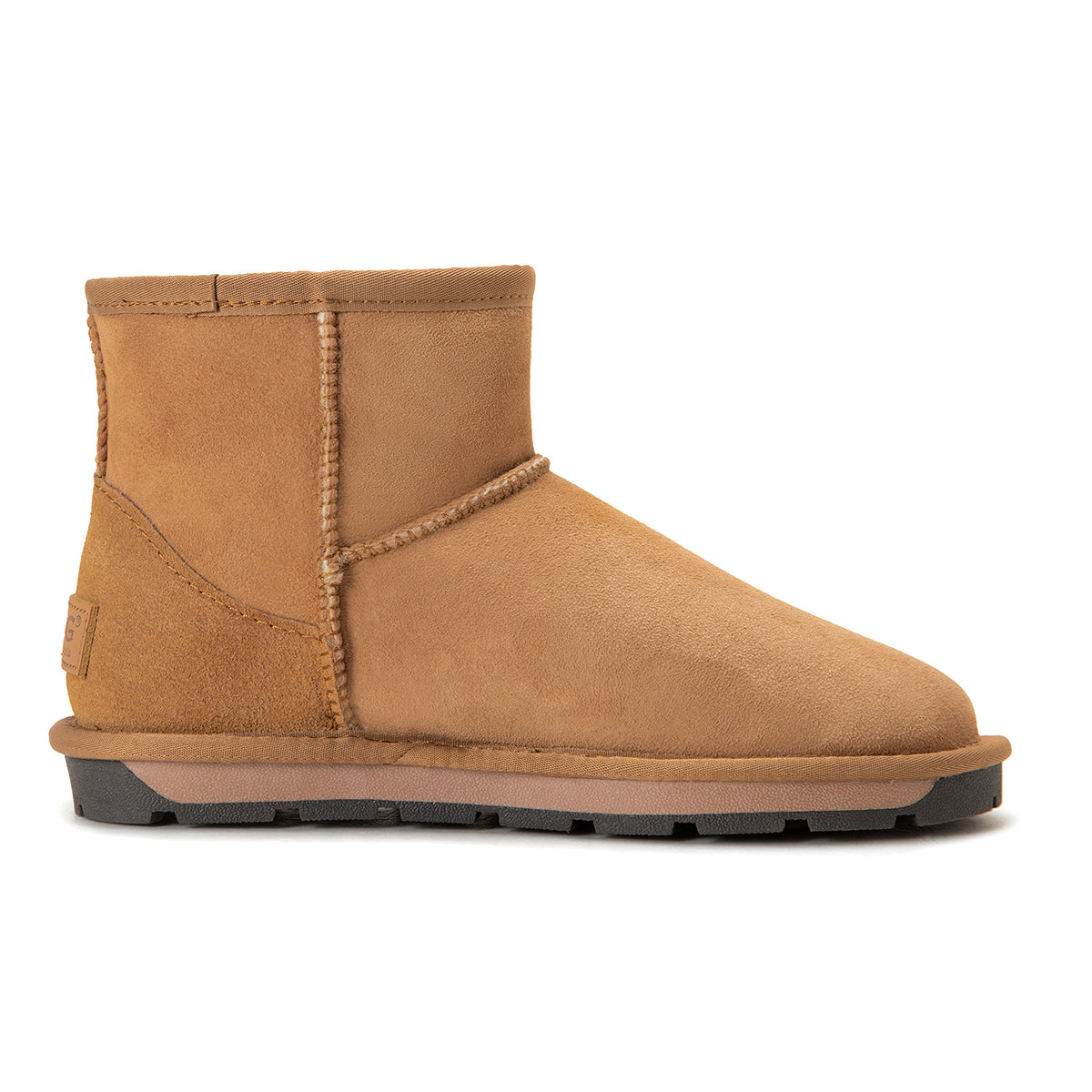 A pair of chestnut Auzland Premium Mini Classic Australian Made UGG Boots for women, featuring soft sheepskin and durable soles.