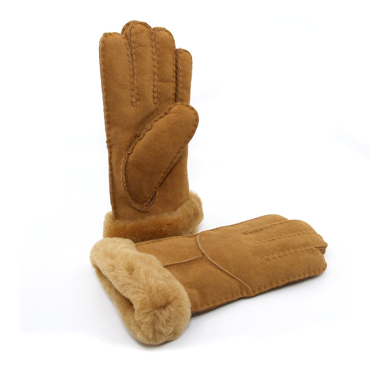 A pair of Auzland UGG sheepskin gloves in chestnut color, showing the soft, plush exterior and cosy design.
