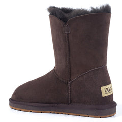 A pair of Auzland UGG Premium Short 1-Button Classic Boots in chocolate brown leather for women, featuring a cosy sheepskin lining.
