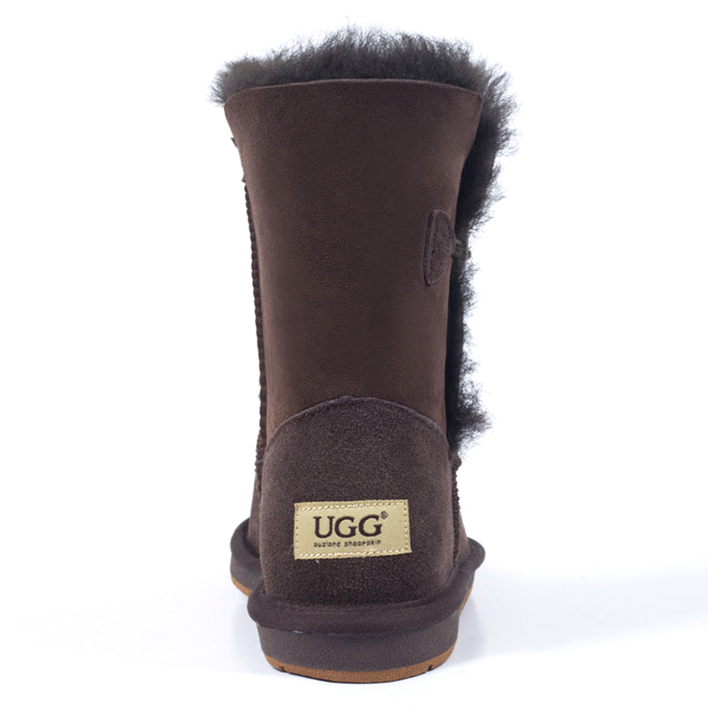 Auzland UGG Premium Short 1-Button Classic Boots in chocolate color, women's classic UGG boots with a short design and button detail.