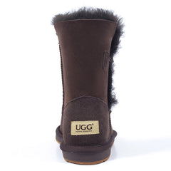 Auzland UGG Premium Short 1-Button Classic Boots in chocolate color, women's classic UGG boots with a short design and button detail.