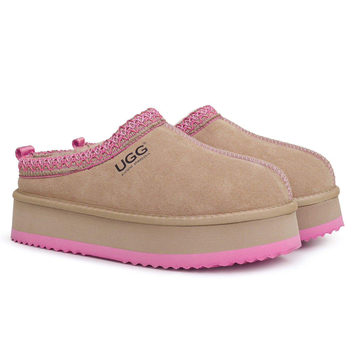 Auzland Mackenzie platform UGG slippers with plush lining and thick sole, shown on a white background.