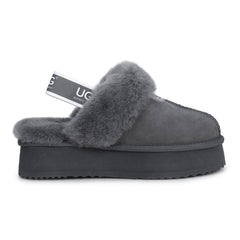 A pair of grey UGG slippers with platform straps from Auzland, featuring comfortable slip-on design and cosy interior.