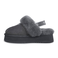 Auzland grey platform strap UGG slippers with cushioned soles and open-toe design, featuring wide straps for comfort.