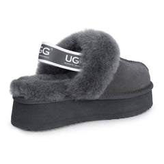 Grey UGG slippers with platform strap by Auzland, featuring comfortable slip-on design and cosy interior.