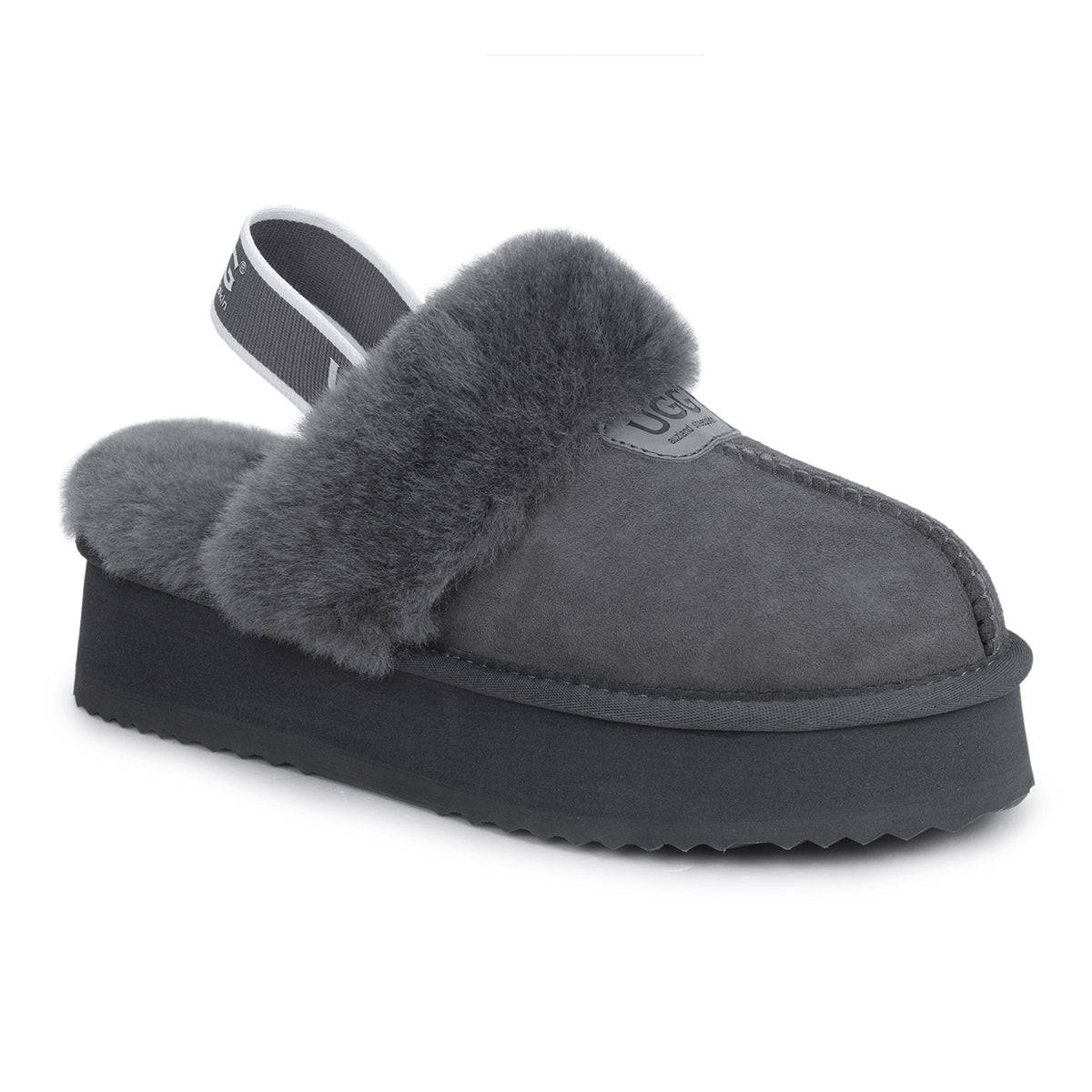 Grey UGG slippers with platform strap and cosy design by Auzland, featuring soft material and casual slip-on style.