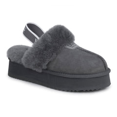 Grey UGG slippers with platform strap and cosy design by Auzland, featuring soft material and casual slip-on style.