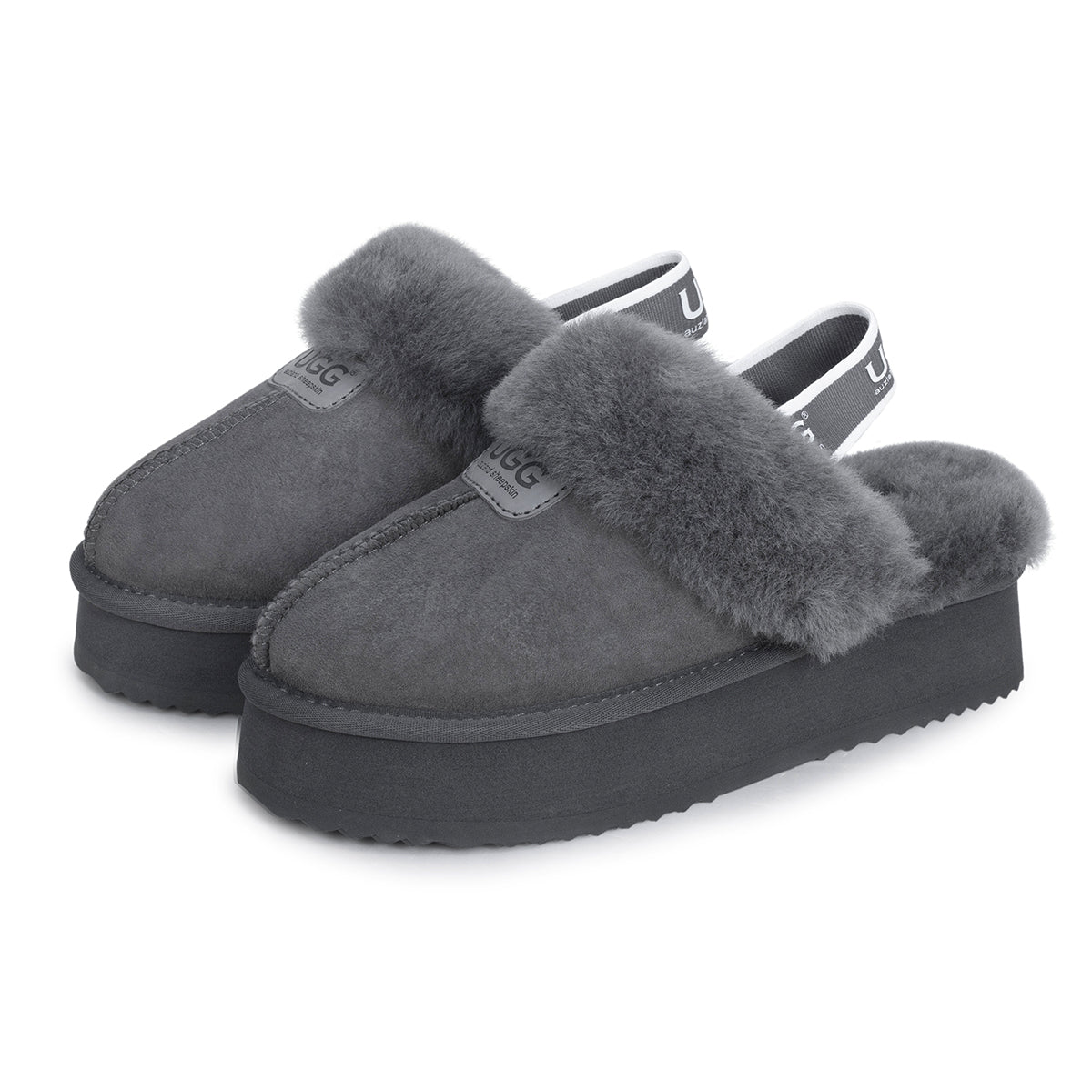 Auzland grey UGG slippers with platform strap and cosy interior, perfect for comfortable indoor wear.