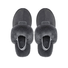 A pair of grey UGG slippers with platform straps by Auzland, featuring a cosy slip-on design and soft interior for comfort.