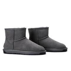 Grey Auzland Mini Classic UGG Boots for women, Australian-made sheepskin shoes with soft interior and durable sole.