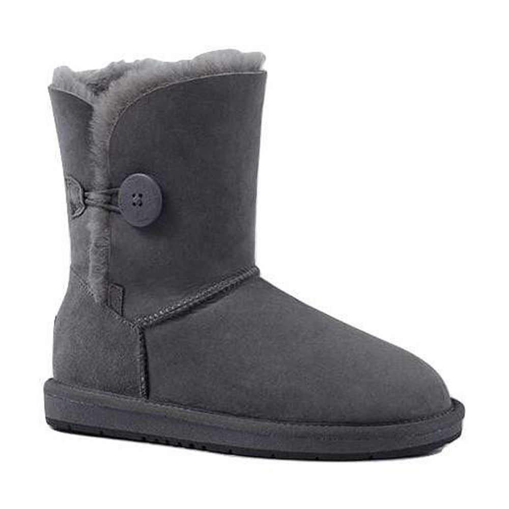 A pair of grey Auzland UGG Premium Short 1-Button Classic Boots for women, featuring a cosy sheepskin interior and short boot design.