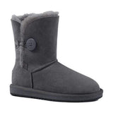 A pair of grey Auzland UGG Premium Short 1-Button Classic Boots for women, featuring a cosy sheepskin interior and short boot design.