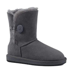 A pair of grey Auzland UGG Premium Short 1-Button Classic Boots for women, featuring a cosy sheepskin interior and short boot design.