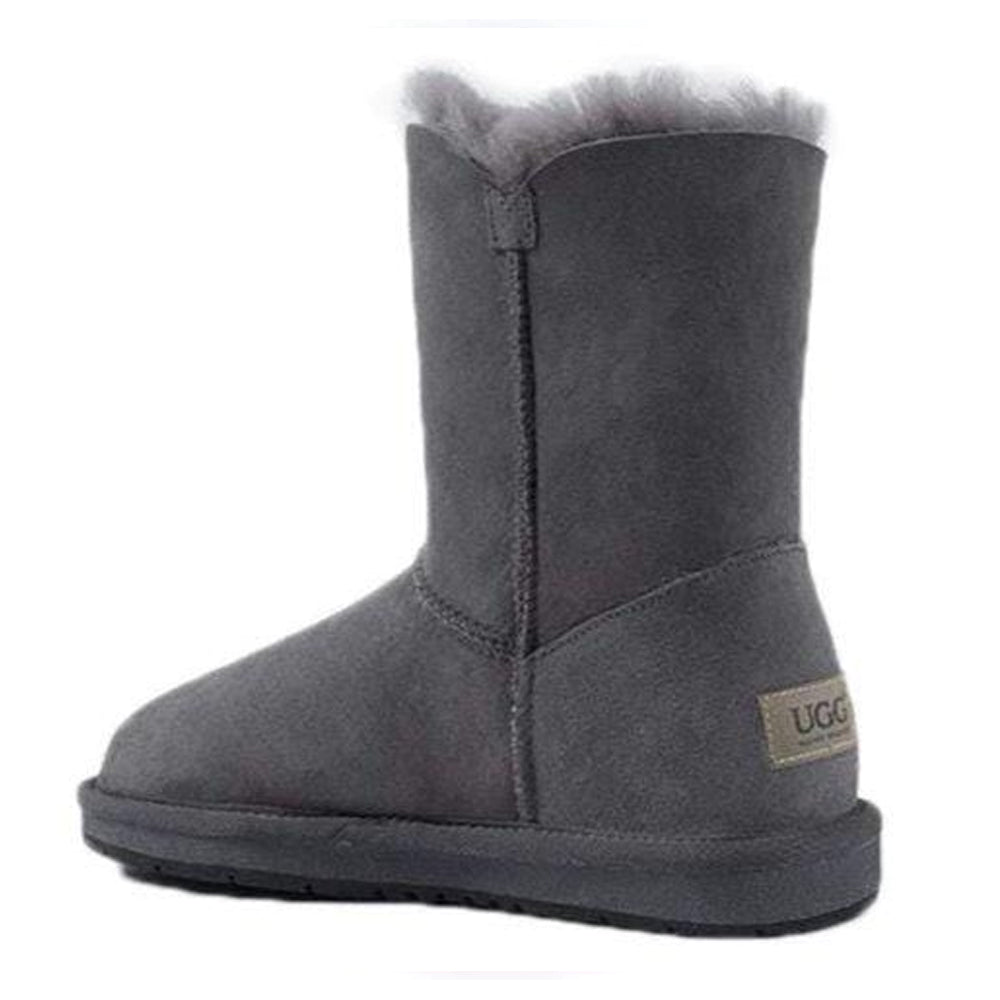 Auzland grey UGG Premium Short 1-Button Classic Boots for women, showcasing the cosy, short sheepskin-lined UGG shoes with a single button detail.