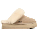 Auzland Classic Platform UGG Slippers with soft gray scuff design and thick platform sole, shown from a side view.