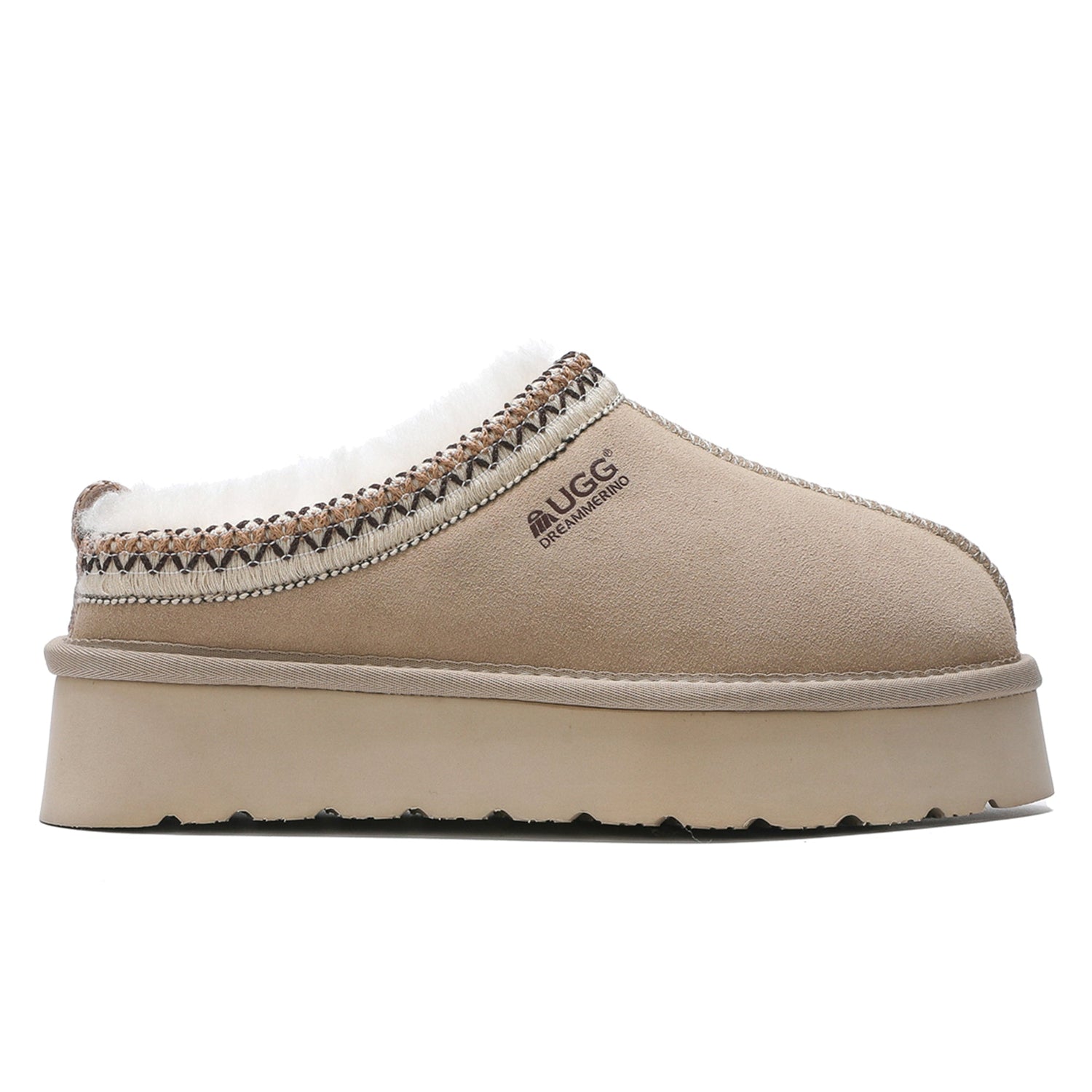 Auzland UGG Merino Tassy Platform Slippers with plush lining and platform sole, cosy and stylish indoor footwear.