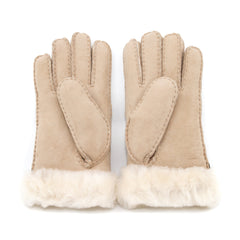 Auzland UGG sheepskin gloves in sand color, showing the soft, plush exterior and cosy interior for warmth and comfort.